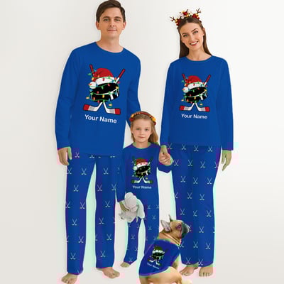 Personalized Hockey Family Christmas PJs Blue with Custom Names