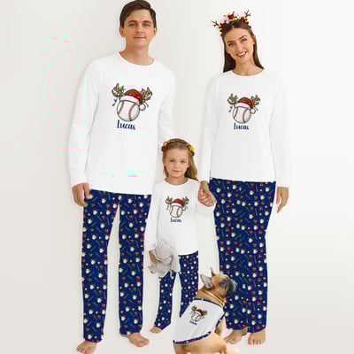 Personalized Baseball Family Christmas Pajamas Blue and White Matching Sleepwear