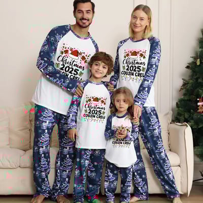 Family Holiday Sleepwear 2025 Blue and White Christmas Tree Pattern