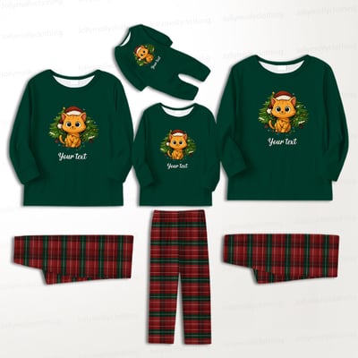 Personalized Christmas Cat Family Pajamas with Custom Text and Red Plaid Pants