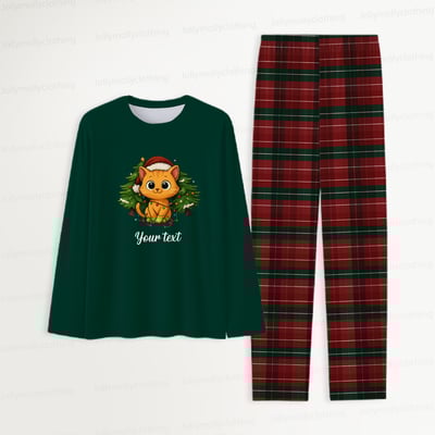 Personalized Christmas Cat Family Pajamas with Custom Text and Red Plaid Pants