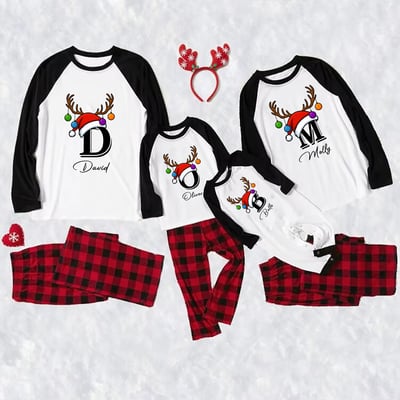 Custom Name Initial Christmas Family PJs Red Plaid Black