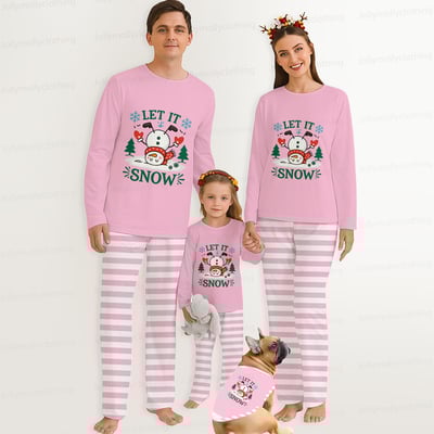 Let It Snow Pink Striped Family Christmas Matching Pajamas