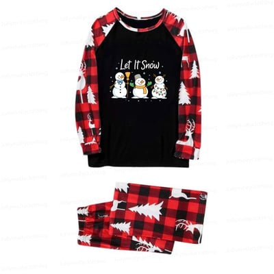 Let It Snow Snowmen Holiday Pajamas for Family in Red Reindeer Check Pattern