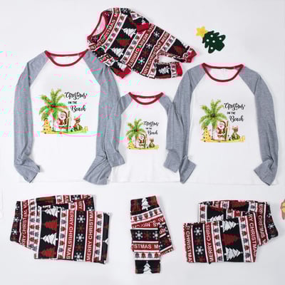 Tropical Christmas on the Beach Family Pajamas Grey Sleeve Matching Holiday Set