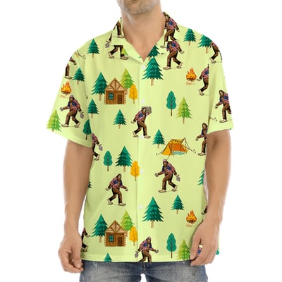 Mens Sasquatch Camping Hawaiian Button Up Shirt