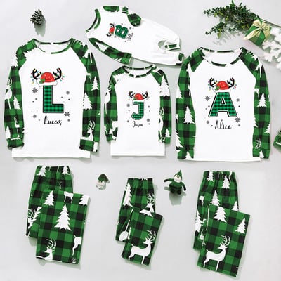 Personalized Christmas Monogram Green Reindeer Family Matching Pajamas