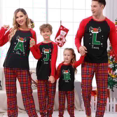 Custom Family Christmas PJs Matching Red Plaid Reindeer Monogram