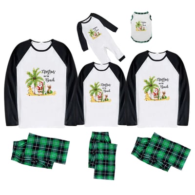 Festive Green Plaid Family Christmas PJs Tropical Santa Beach Design