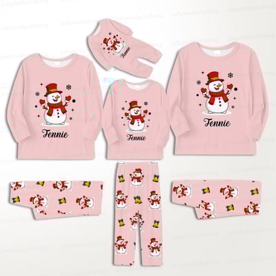 Custom Name Pink Snowman Matching Holiday Pajamas for Family & Dog