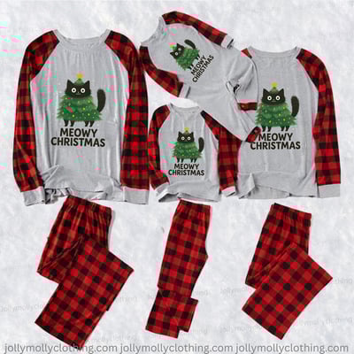Gray Meowy Christmas Cat Family Pajama Set with Red Plaid Pants
