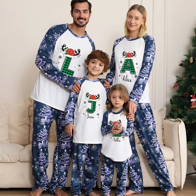 Personalized Family Christmas Pajamas Matching Reindeer Initial PJs Set
