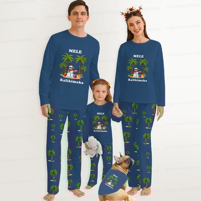 Mele Kalikimaka Navy Palm Tree Matching Family Christmas Pajama Set with Pet Shirt