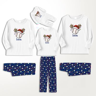 Personalized Baseball Family Christmas Pajamas Blue and White Matching Sleepwear
