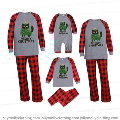 Gray Meowy Christmas Cat Family Pajama Set with Red Plaid Pants
