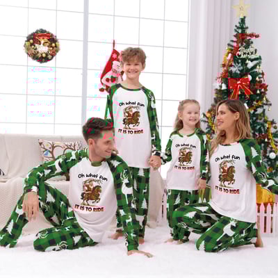 Festive Green Plaid Family Matching Pajamas Santa Horse Ride Design
