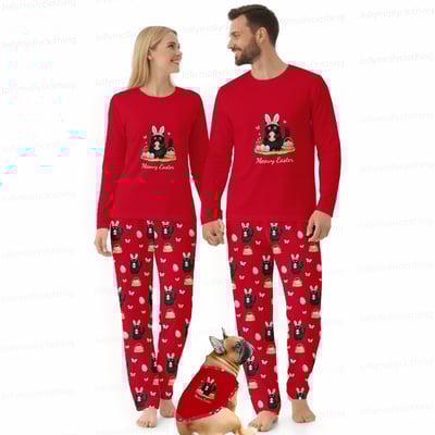 Meowy Easter Matching Family Pajamas Red Long Sleeve Set
