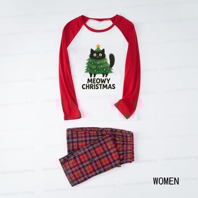 Meowy Christmas Cat Matching Family Pajamas with Red Plaid Pants