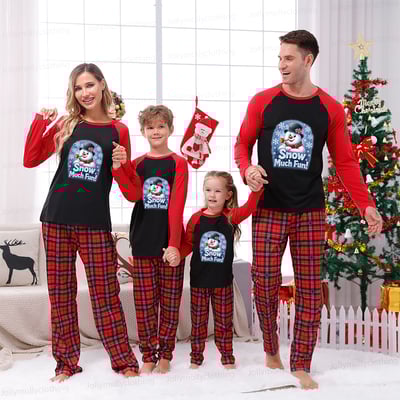 Snow Much Fun Snowman Red Plaid Family Christmas PJs
