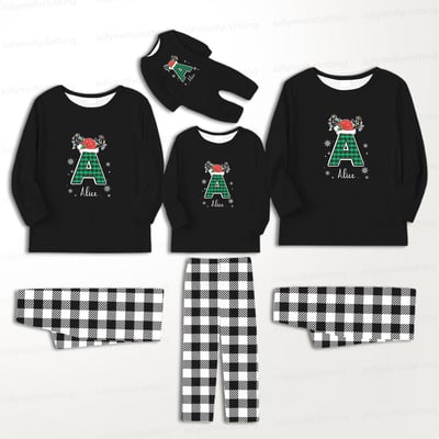 Custom Name Monogram Christmas Pajama Set for Matching Families Black and White