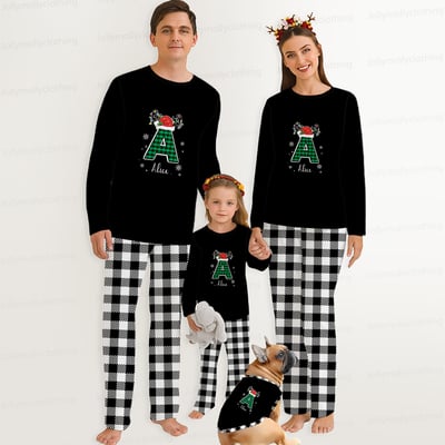 Custom Name Monogram Christmas Pajama Set for Matching Families Black and White