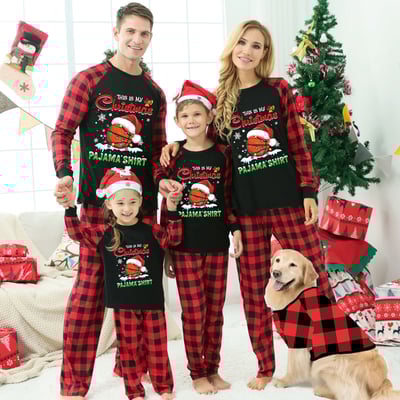 Red Plaid Basketball Christmas Pajama Shirt Matching Family PJs Set"