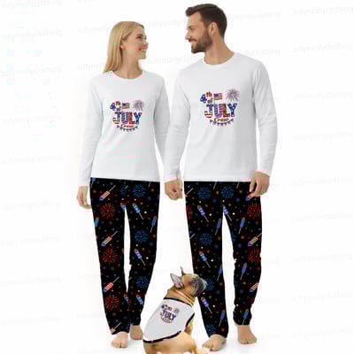 Fourth of July Crew Matching Family Pajamas White Top Black Fireworks Pants
