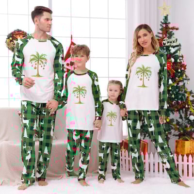 Tropical Christmas Palm Tree Family Pajamas Green Plaid Matching Sleepwear