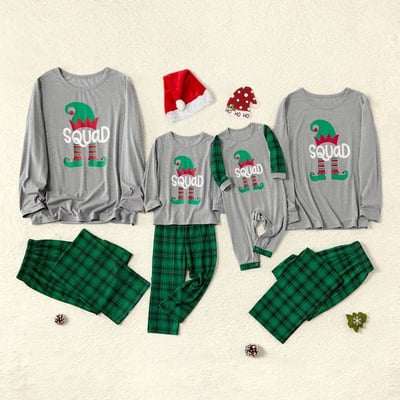 Elf Squad Family Matching Christmas Pajamas Green Plaid Set