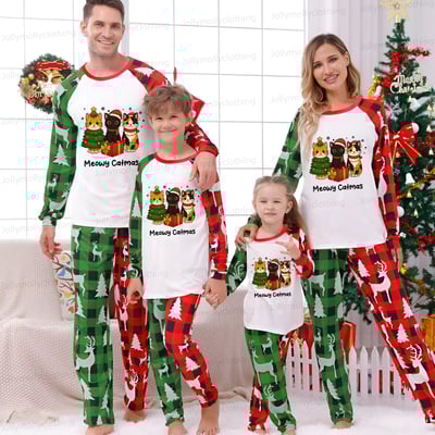 Christmas Cat Squad Family Pajama Set with Red and Green Plaid Holiday Print