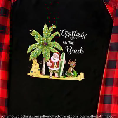 Christmas on the Beach Family Matching Pajamas with Black Tops and Plaid Pants