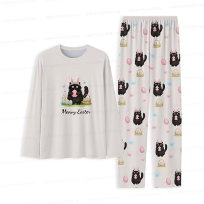 Meowy Easter Matching Family and Dog Pajamas Cream Long Sleeve Set