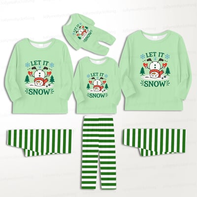 Let It Snow Green Striped Family Christmas Matching Pajamas