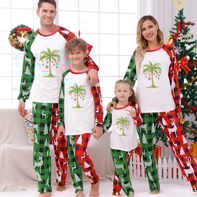 Tropical Holiday Palm Tree Family Pajamas Red and Green Plaid Sleepwear Set