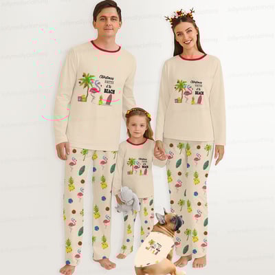 Tropical Beach Christmas Matching Family Pajama Set with Flamingo and Palm Tree Design