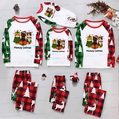 Christmas Cat Squad Family Pajama Set with Red and Green Plaid Holiday Print