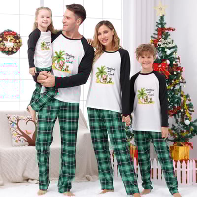 Festive Green Plaid Family Christmas PJs Tropical Santa Beach Design