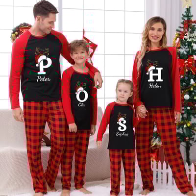 Personalized Letter Christmas Red Buffalo Plaid Family Matching Pajamas