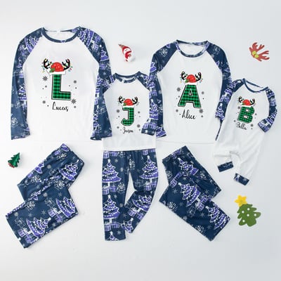 Personalized Family Christmas Pajamas Matching Reindeer Initial PJs Set