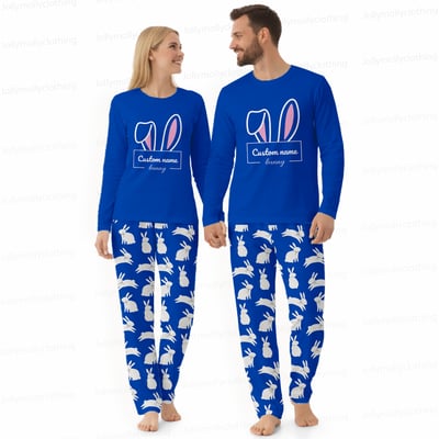 Personalized Bunny Matching Family Pajamas Royal Blue Easter Sleepwear