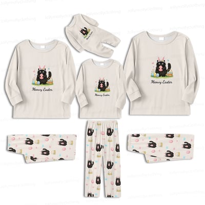 Meowy Easter Matching Family and Dog Pajamas Cream Long Sleeve Set