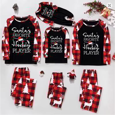 Black Red Santa's Favorite Hockey Player Family Matching PJs Reindeer