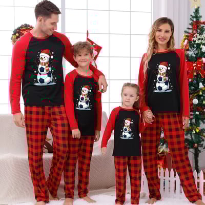 Christmas Soccer Snowman Family Matching Pajamas Red Buffalo Plaid