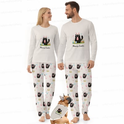 Meowy Easter Matching Family and Dog Pajamas Cream Long Sleeve Set