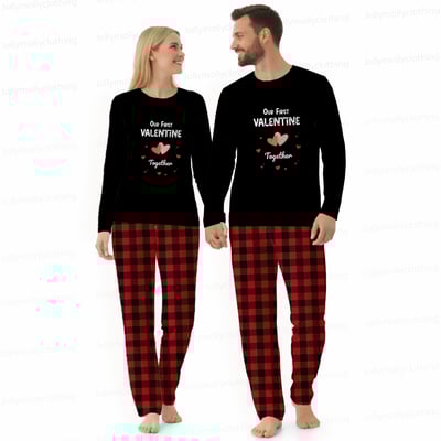 Our First Valentine Together Couples Pajamas Black Long Sleeve Plaid Set
