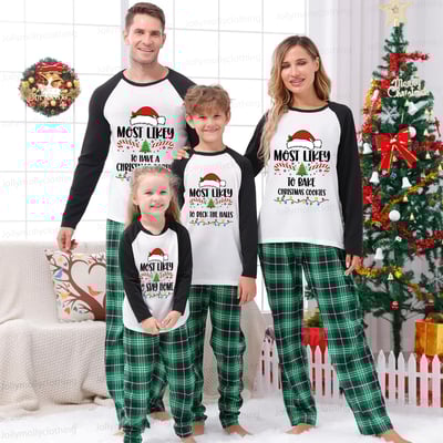 Most Likely To Christmas Quotes Green Plaid Matching Family PJs
