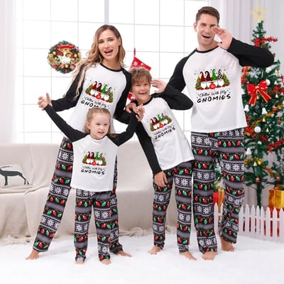 Black White Chillin With My Gnomies Christmas Family Pajamas Fair Isle Print