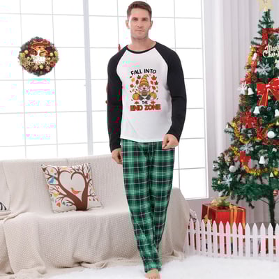 Green Plaid Fall Into End Zone Football Thanksgiving Family Matching Pajamas