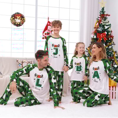 Personalized Christmas Monogram Green Reindeer Family Matching Pajamas
