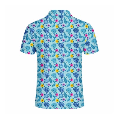 Men’s Hawaiian Polo Shirt Blue Tropical Floral Leaf Print Short Sleeve